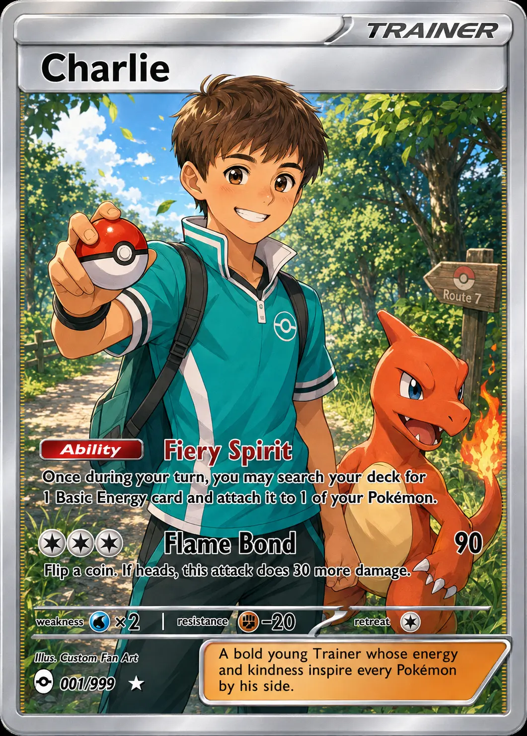Personalised Vaultd trainer artwork of Charlie, a young collector, with his fiery companion