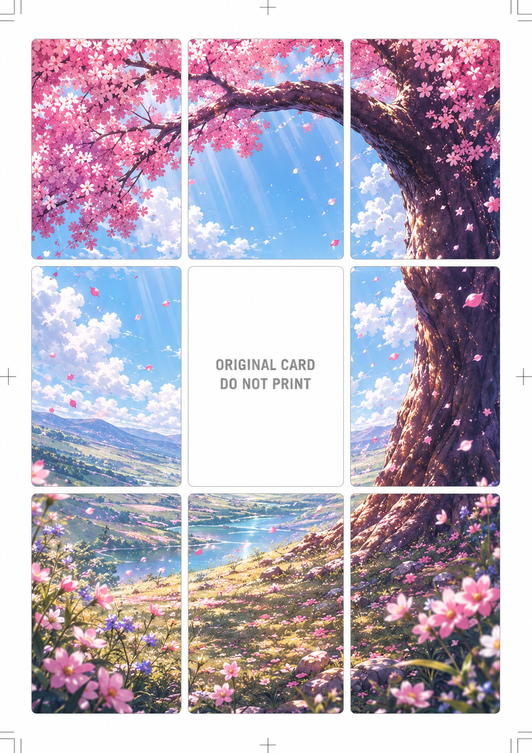 Vaultd nine-panel cherry blossom mural laid out on an A4 print sheet with the centre pocket left blank for an original card