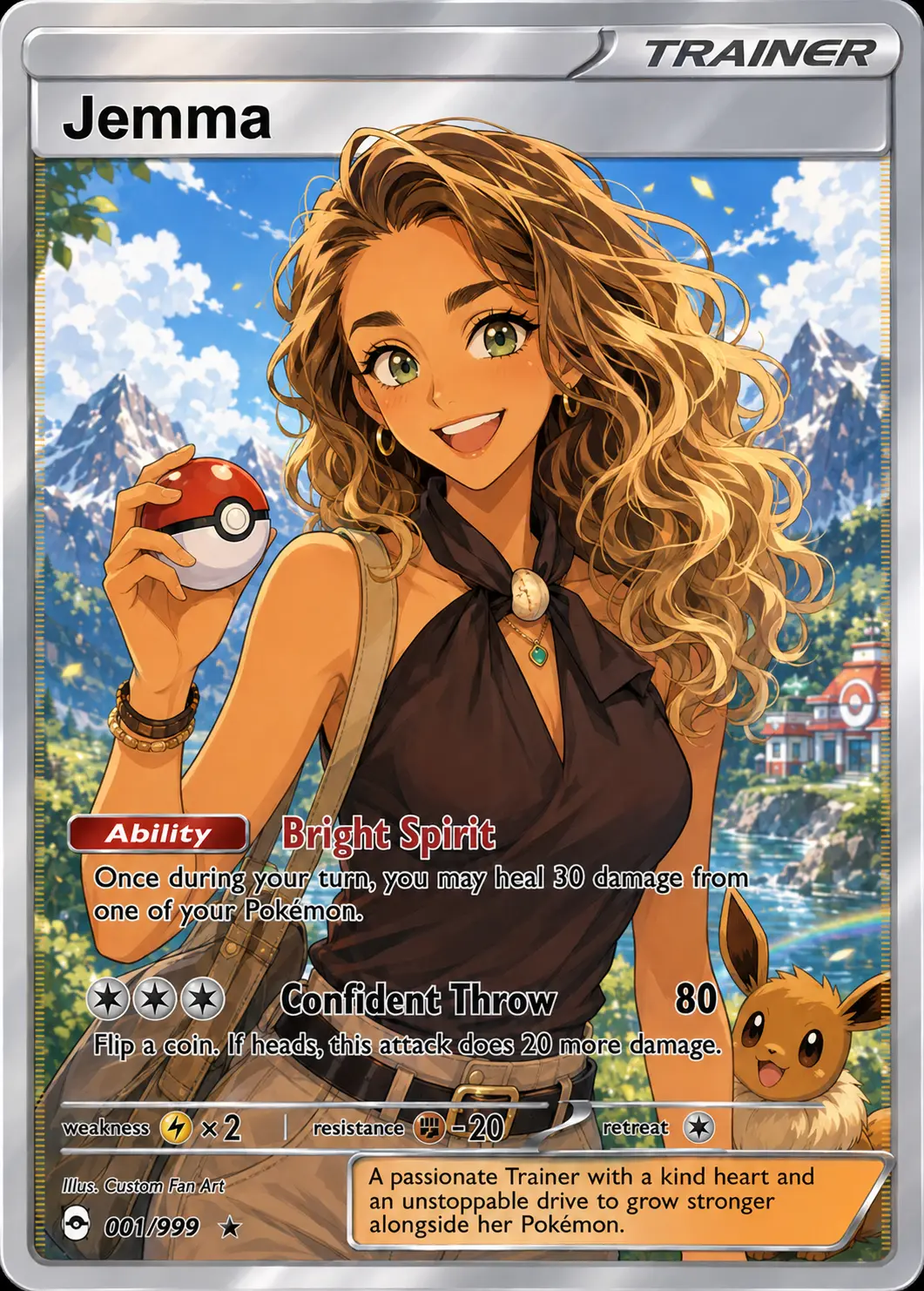 Personalised Vaultd trainer artwork of Jemma with her companion in a mountain scene