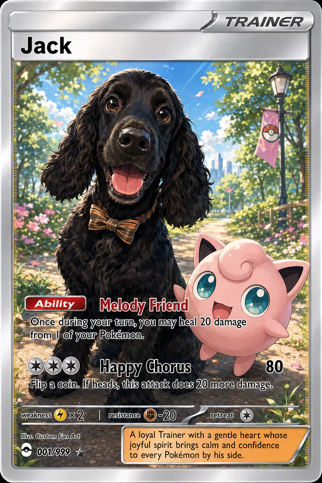Personalised pet collector artwork featuring Jack the black cocker spaniel with his chosen companion
