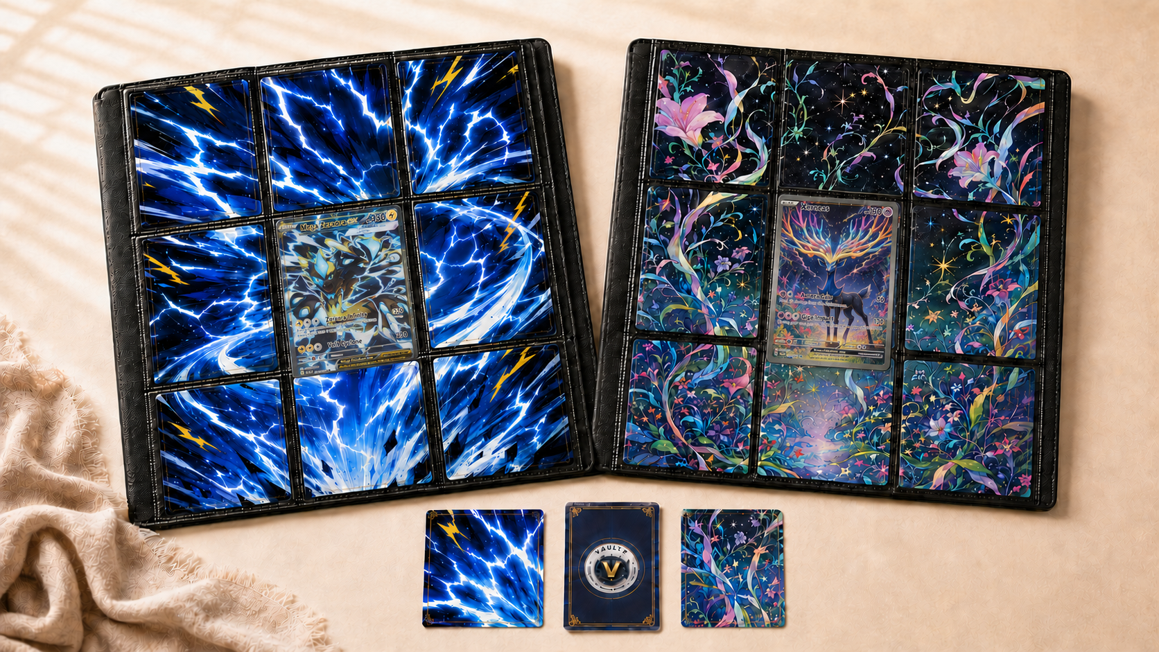 Two open binders showing a blue lightning storm artwork page and a pastel floral artwork page, each built from nine connected Vaultd panels