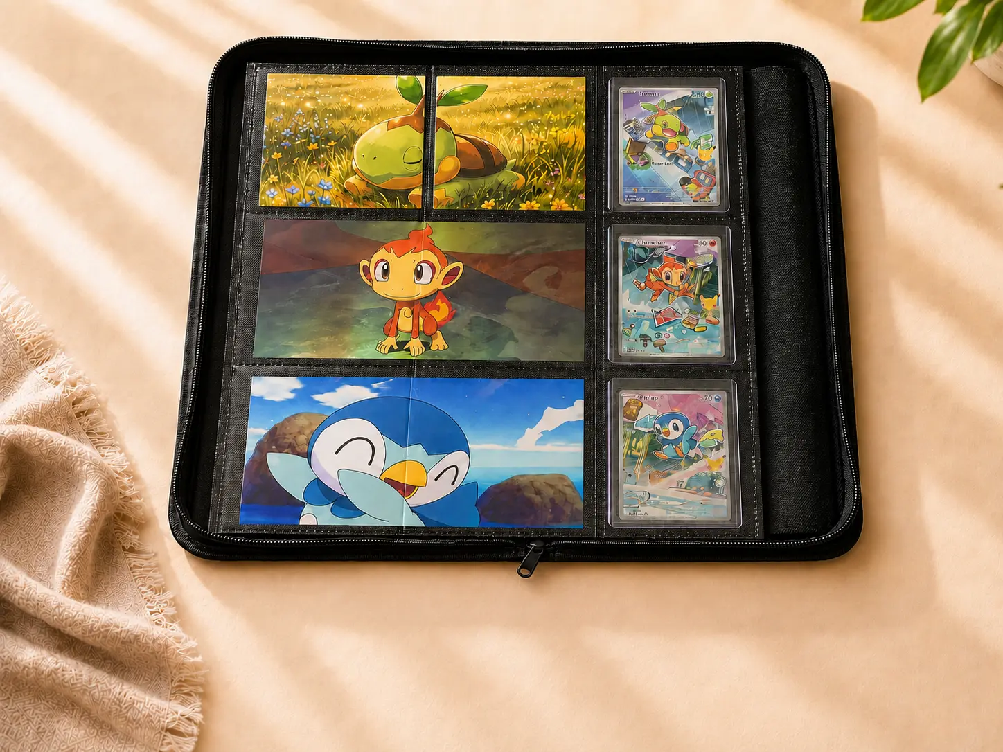 Custom-size binder artwork panels fitted around trading cards in a collector binder
