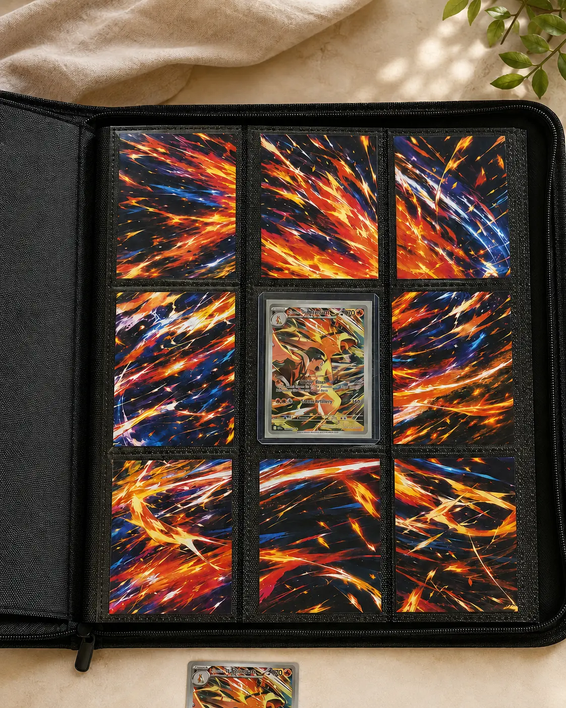 Nine-pocket trading card binder with connected fiery artwork panels surrounding a central collector card