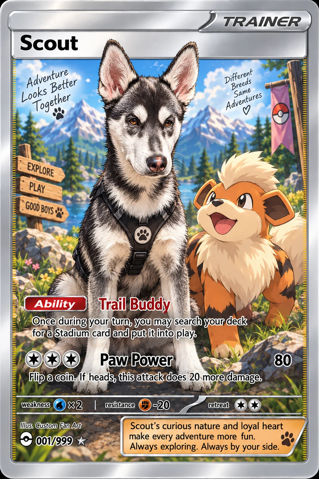 Personalised pet collector artwork featuring Scout with an adventure-themed companion