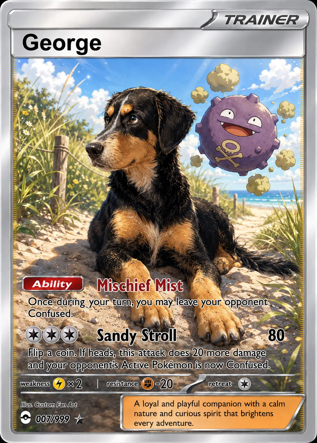 Personalised pet collector artwork featuring George the dog relaxing on a beach path with his companion