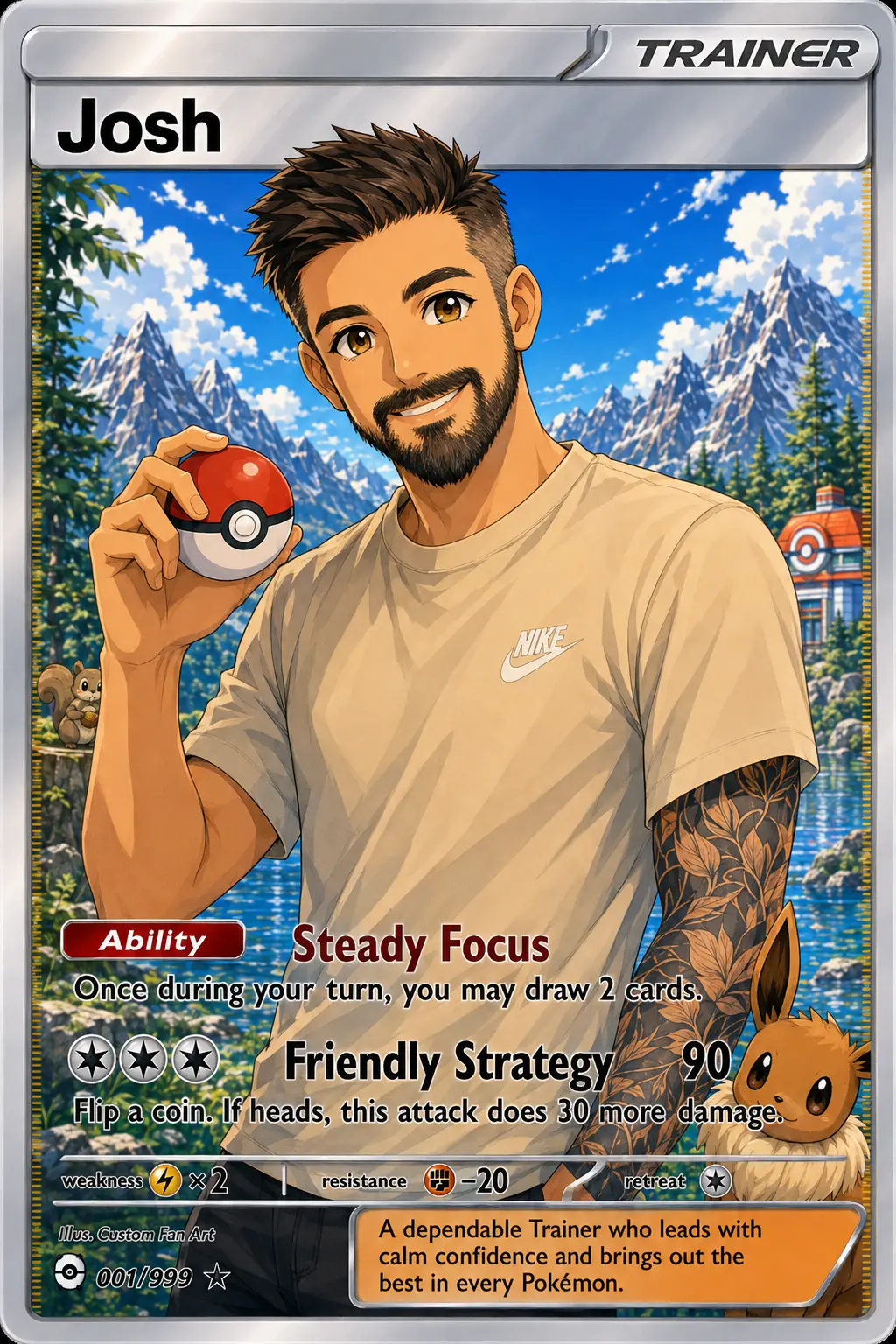 Personalised Vaultd trainer artwork of Josh with his companion beside a lake